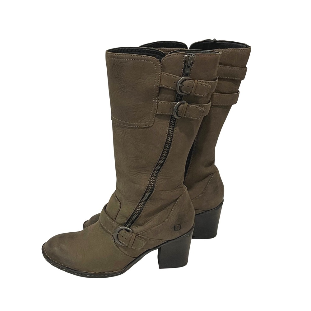 Born Women's Taupe Leather Buckleā Zip Knee High Heeled Boots Size 10
